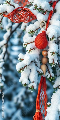 Snow-covered fir branches with fishing nets and seashells, shells, Germany