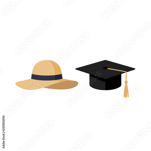 Graduation cap and summer straw hat education and vacation concept vector