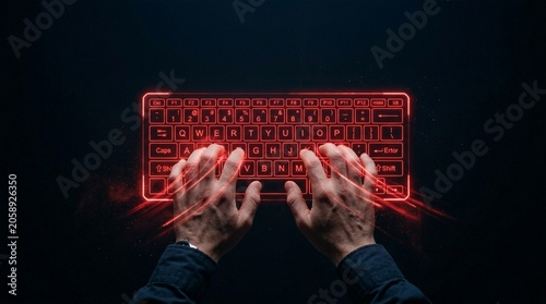 Hands typing on a glowing red virtual keyboard with light trails in the dark