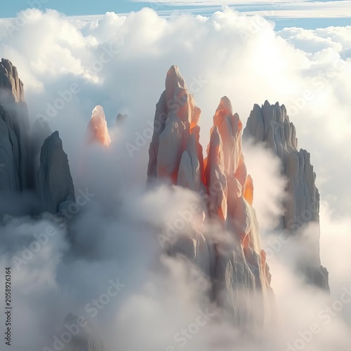 Towering crystal formations amidst misty clouds, ||crystal, geological