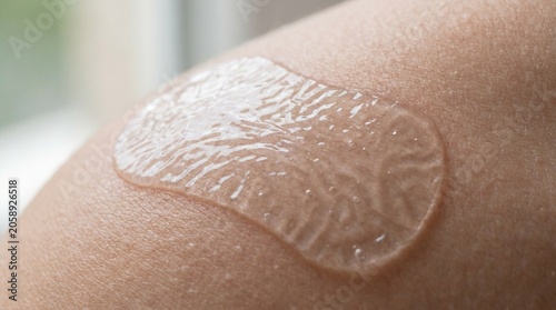 Close-up extreme macro shot of clear cosmetic gel applied to human skin, showing texture and moisture