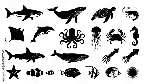 Fotografia Marine animal silhouette vector set featuring shark whale turtle shrimp and ocea