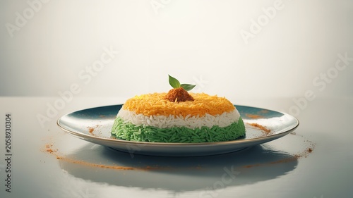 Tricolor layered rice dish with vibrant green white orange presentation inspired by cultural cuisine plated with garnish