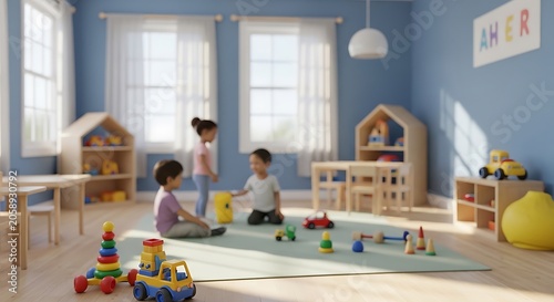 Children playing in a bright and colorful playroom with toys and furniture.