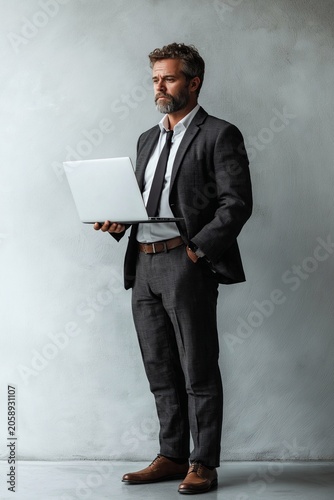 A man in a suit is standing and holding an open laptop in his hand on white background