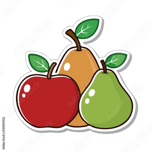 Cartoon illustration of apple and pears with leaves