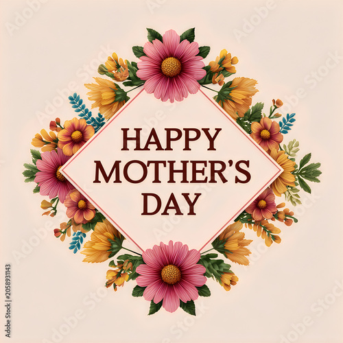 Happy mothers day floral greeting card with pink and yellow flowers