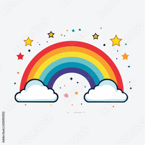 Cartoon Rainbow with Clouds and Stars