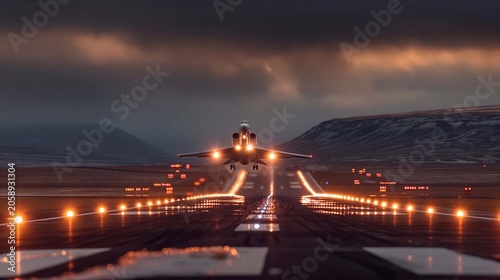 An airplane taking off from a runway, with lights illuminating its path
