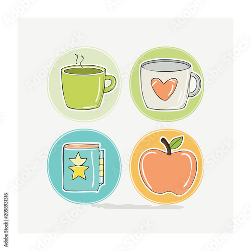 Flat design icons of coffee, book, apple, and heart