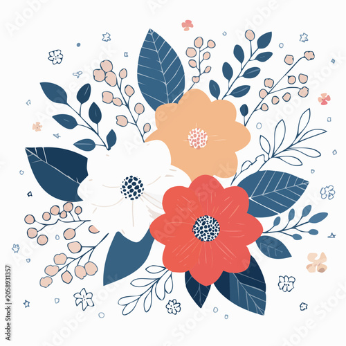Floral Illustration with Orange, White, and Red Flowers and Blue Leaves