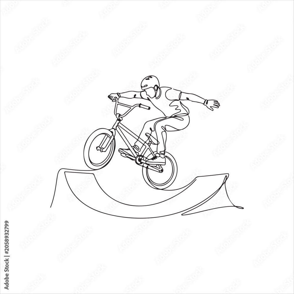 Naklejka premium Man riding bicycle on ramp in continuous line drawing style performing trick