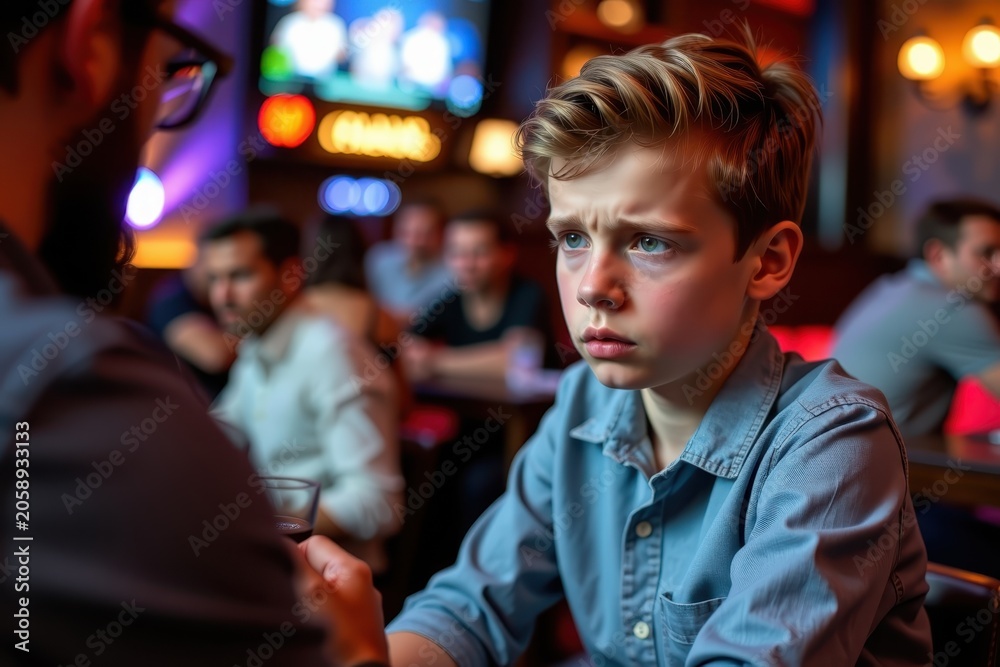 Fototapeta premium Young boy stares intently at adult across dimly lit bar