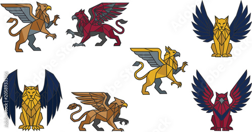 Cuadro en lienzo Griffin Collection Featuring Geometric Mythical Creatures with Majestic Wings an