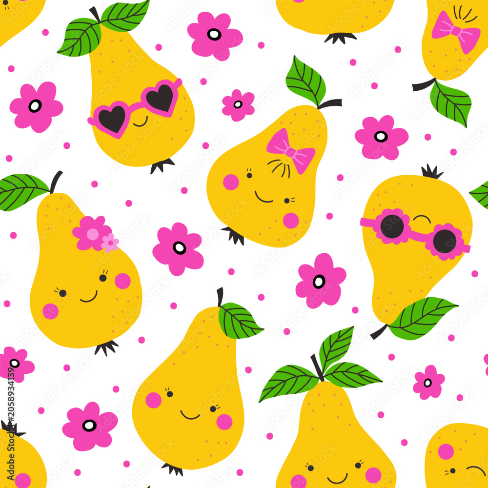Obraz premium Kawaii pear characters seamless pattern, fruit vector