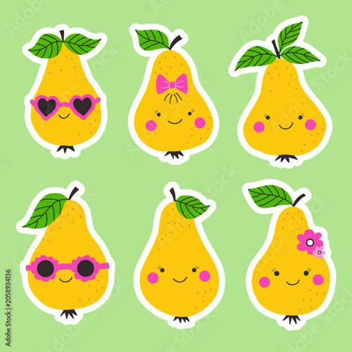 Kawaii pear stickers set, cute cartoon summer fruit characters