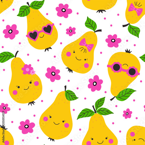 Kawaii pear characters seamless pattern, fruit vector