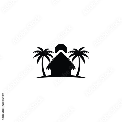 Canvastavla Tropical beach silhouette with palm trees and thatched roof hut
