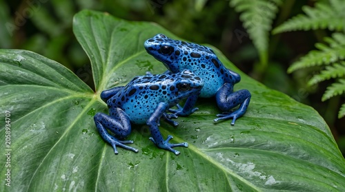 Pair of blue poison dart frogs on green tropical leaf