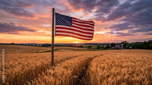 American flag waving over a golden wheat field at sunset with fireworks