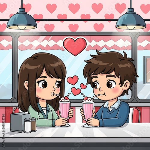 Romantic cartoon couple enjoying milkshake at diner table.
