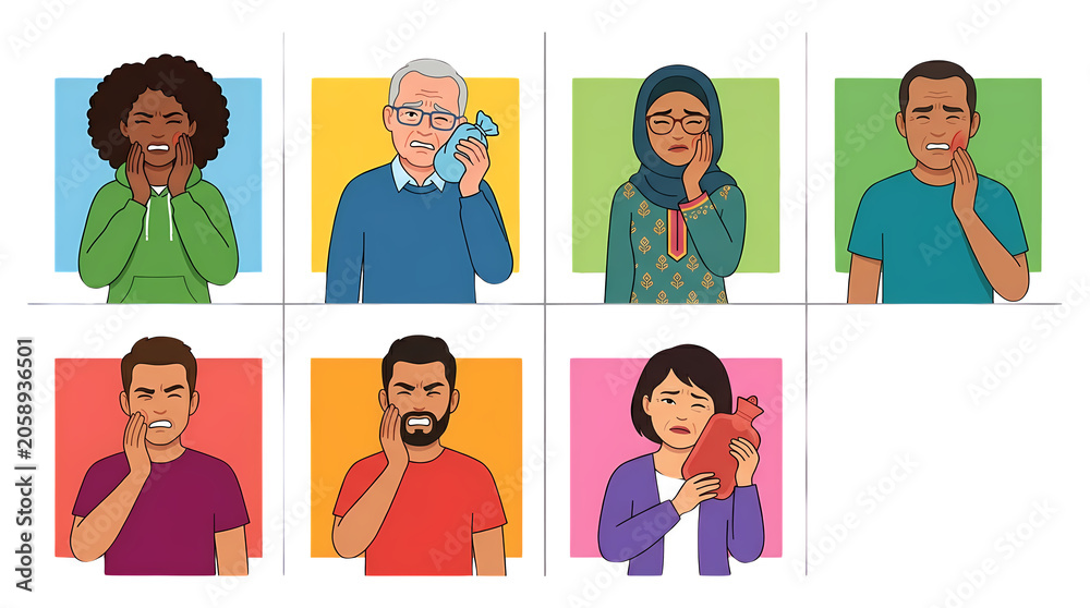 Fototapeta premium Collection of diverse people using hot and cold compresses for toothache pain relief pngs isolated full focused with transparent background