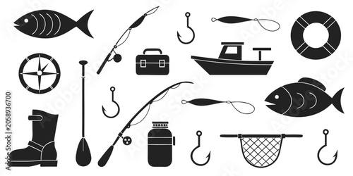 Schilderij op canvas Set of fishing equipment silhouettes featuring boats hooks rods nets and contain