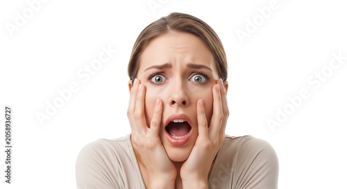 Womans Expression of Fear and Shock, Wide Eyes and Open Mouth.