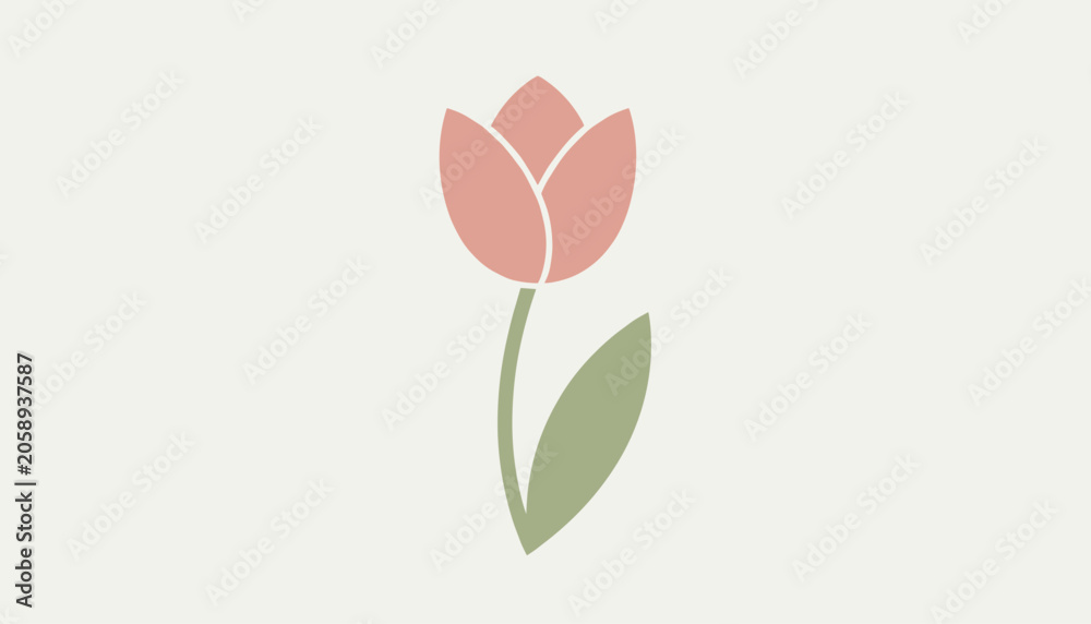 Fototapeta premium Minimalist illustration of a single elegant pink tulip with a green stem and leaf on a soft cream background.
