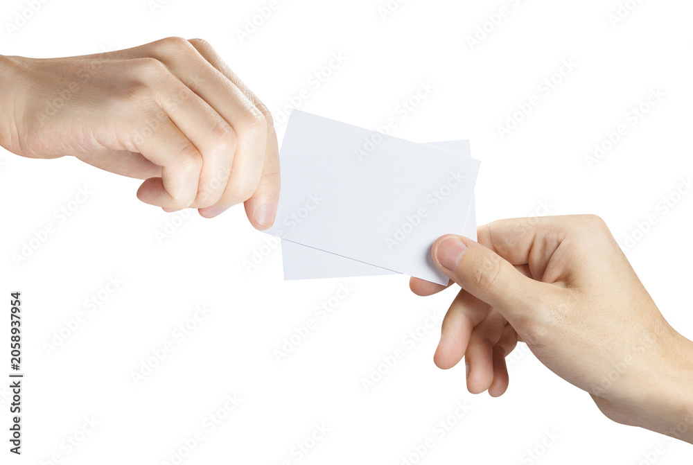 Obraz premium Set of blank white cards exchanged between hands, isolated on transparent cutout background