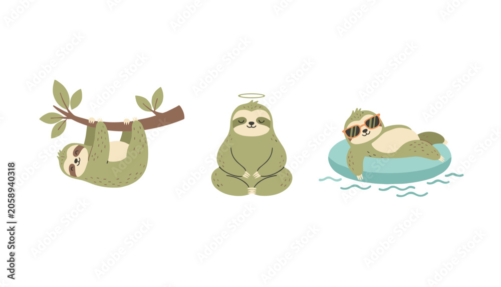 Fototapeta premium Collection of cute cartoon sloths meditating in lotus position, hanging on a tree branch, and floating on a swim ring.