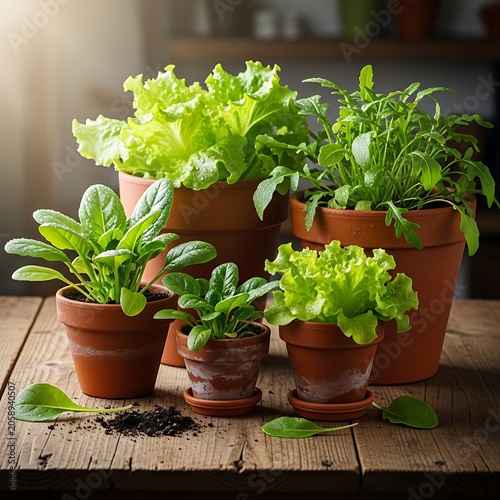 Freshly Grown Potted Herbs and Vegetables on Wooden Table.