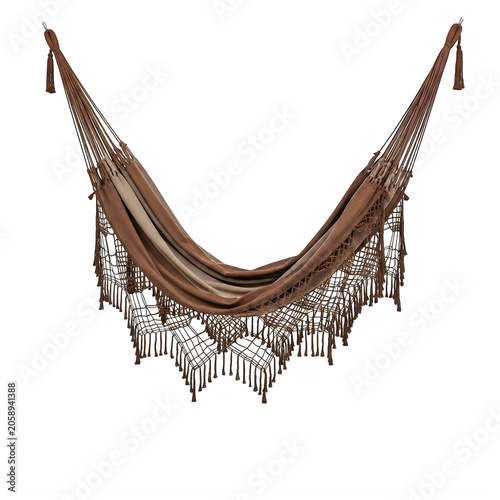 Brown fabric hammock with decorative fringe hanging isolated on transparent background