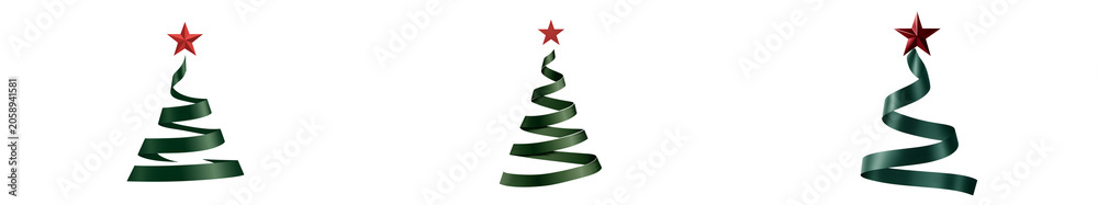 Fototapeta premium Three green ribbon christmas trees with red stars on transparent background for holiday decoration