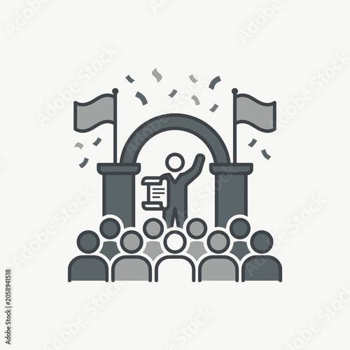 Person standing on podium with crowd.