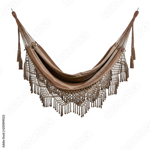 Brown woven fabric hammock with hanging tassels isolated on transparent background