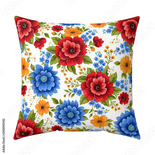 Decorative square throw pillow with colorful floral pattern isolated on transparent background