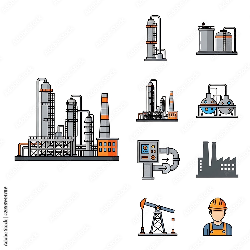 Obraz premium Industrial Plant Icons - Refinery, Factory, and Oil Rig Illustrations.