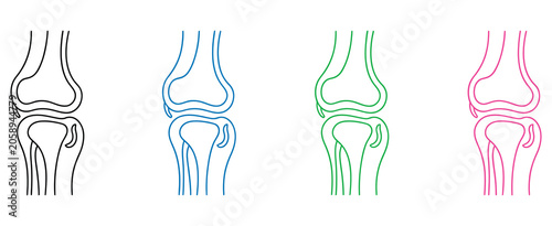 human knee joint bone and orthopedics medical icon set, rheumatology arthritis pain treatment, skeleton anatomy injury, physiotherapy healthcare symbol, detailed vector illustration collection.