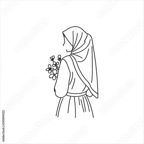 Woman wearing a hijab holding flowers from behind  simple line drawing