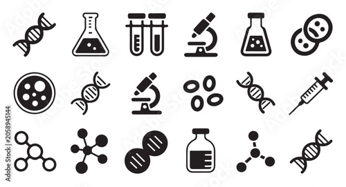 Tableau sur toile Collection of medical science icons featuring dna microscope syringe and lab glassware