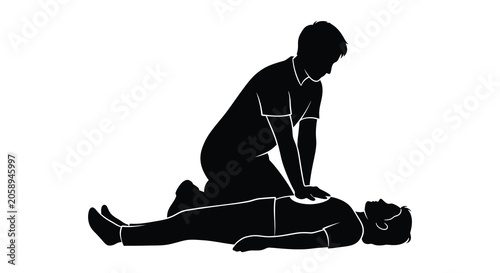 Fotografie man performing cpr on another person medical emergency assistance black silhouet
