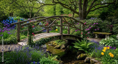 Wooden bridge over a stream in a lush green garden with vibrant flowers.