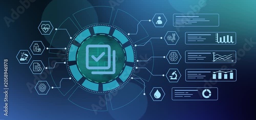 Futuristic electronic health record interface with verification checklist icon for medical compliance and auditing data.