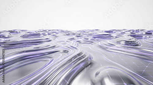 Abstract Futuristic Technology Background with Liquid Chrome Wave Topography and Purple Neon Lights