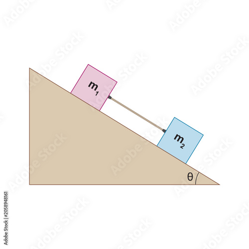 Physics Mechanics Diagram: Motion of Bodies Connected by a String, Newton's Laws of Motion, Pulley and Tension Vector Illustration