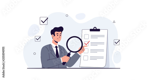 Businessman with Magnifying Glass Checks Tasks on Clipboard, Concept of Survey, Audit, or Project Management