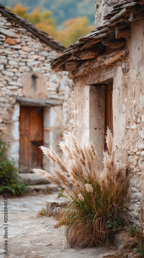 Fototapeta premium Pampas grass adorns a rustic stone home in a serene countryside setting.