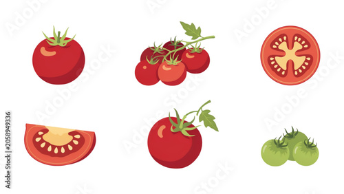 Colorful assortment of fresh fruit icons including tomatoes, cherry, apple, and lime in a playful style Vector
