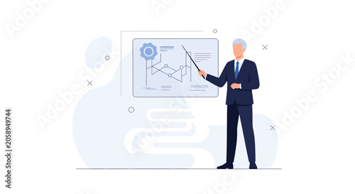 Businessman Presenting Data Analytics and Strategy on Digital Screen with Pointer Stick, Modern Flat Illustration Style.